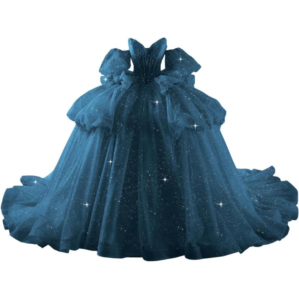imageYoujiayi Lace Beaded Quinceanera Dresses with Sleeves Ruffle Tulle Sweet 16 Dress with Bow Layered Long Ball Gown for WomenTeal