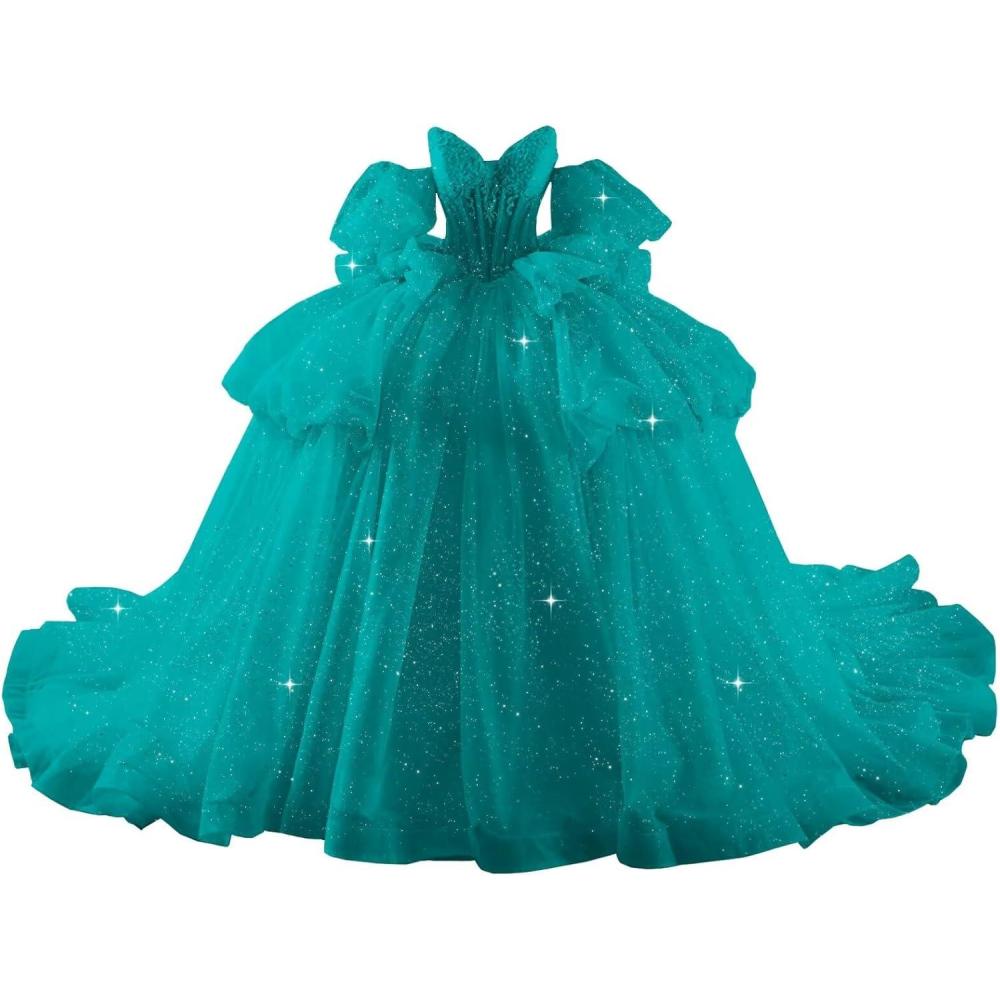 imageYoujiayi Lace Beaded Quinceanera Dresses with Sleeves Ruffle Tulle Sweet 16 Dress with Bow Layered Long Ball Gown for WomenTurquoise