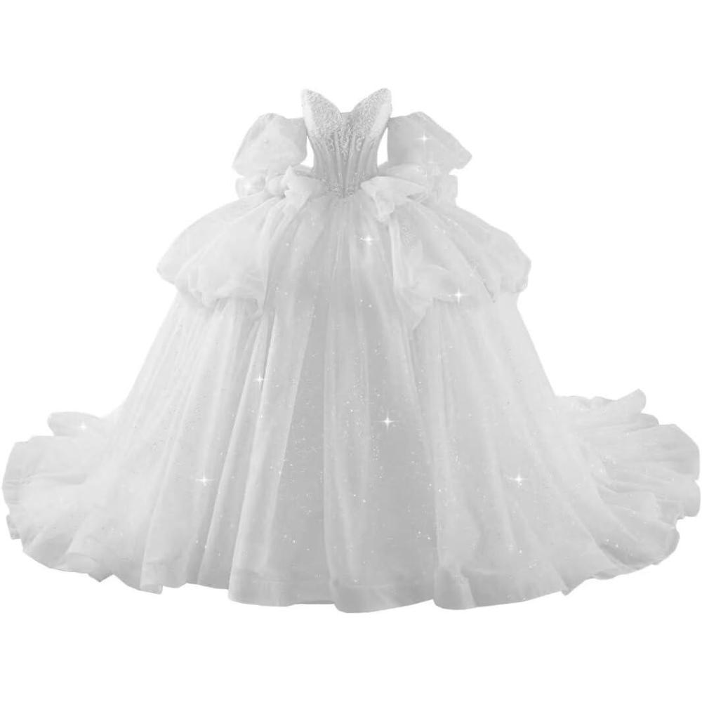 imageYoujiayi Lace Beaded Quinceanera Dresses with Sleeves Ruffle Tulle Sweet 16 Dress with Bow Layered Long Ball Gown for WomenWhite
