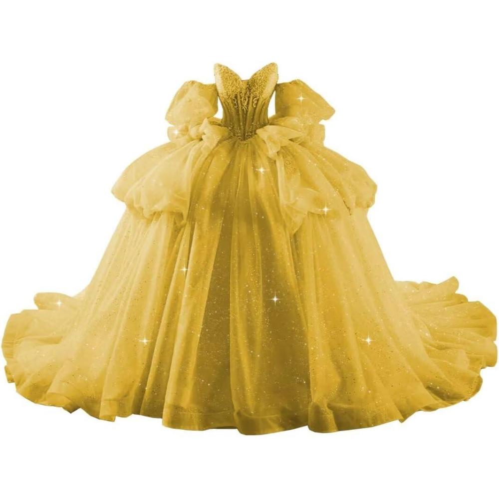 imageYoujiayi Lace Beaded Quinceanera Dresses with Sleeves Ruffle Tulle Sweet 16 Dress with Bow Layered Long Ball Gown for WomenYellow Dark