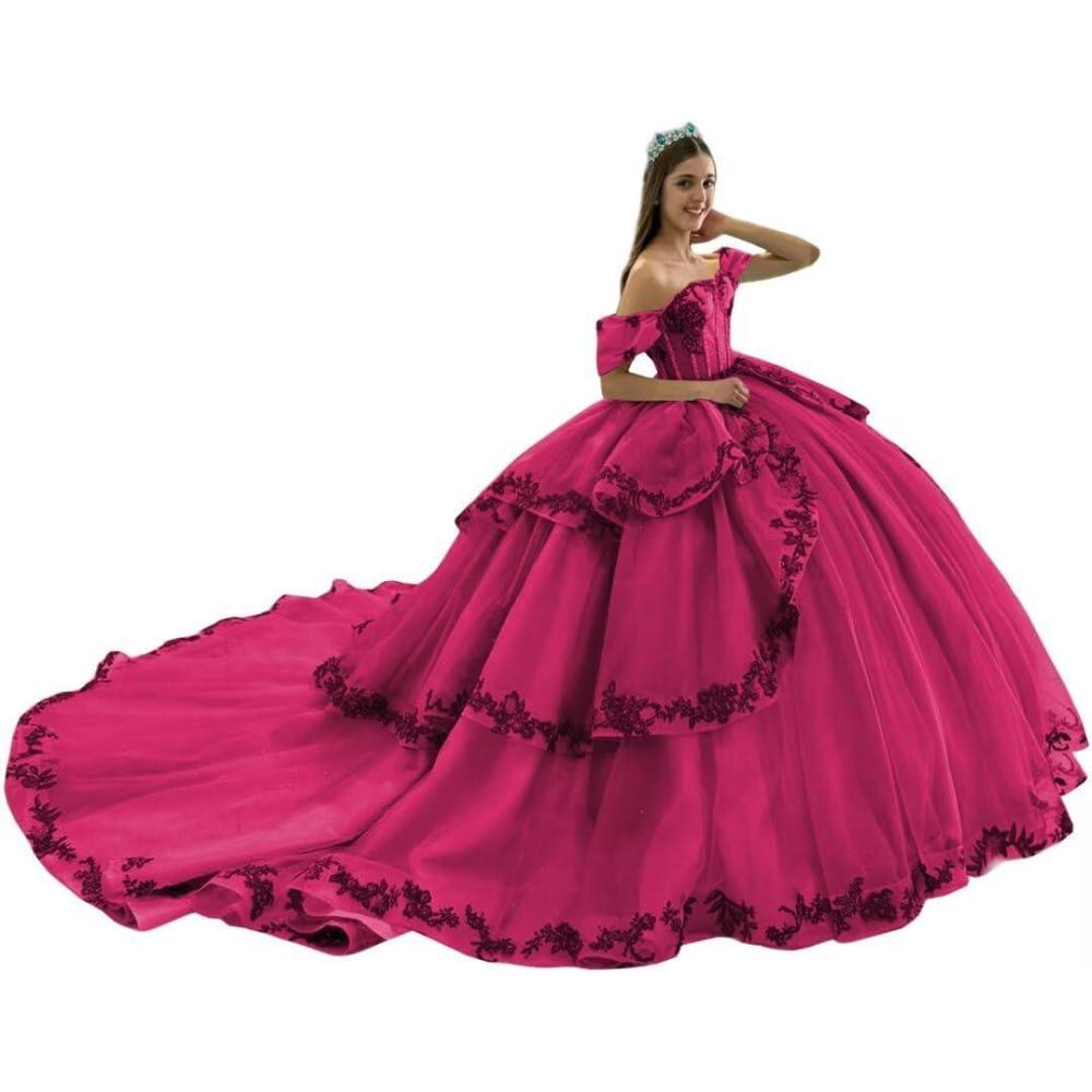 imageYoujiayi Layered Tulle Quinceanera Dresses with Train Lace Appliques Sweet 16 Dresses Sparkly Beaded Sequin Long Ball GownBright Pink