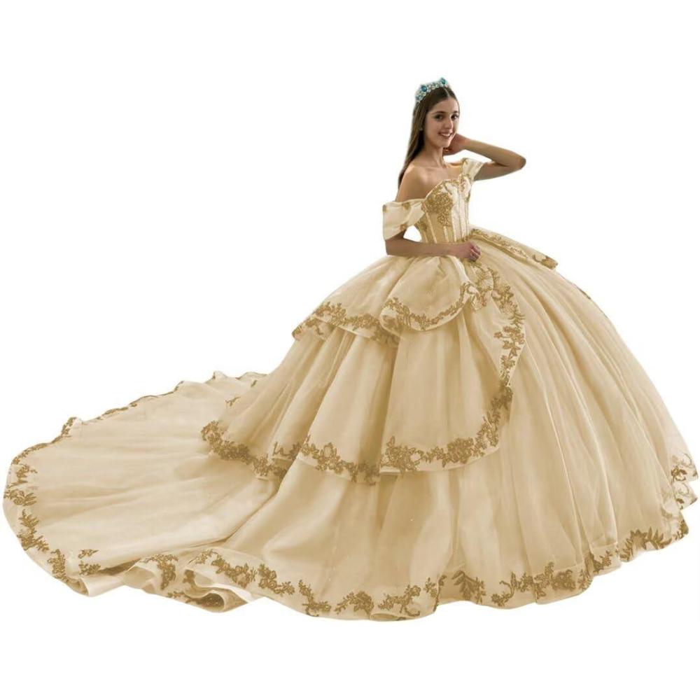imageYoujiayi Layered Tulle Quinceanera Dresses with Train Lace Appliques Sweet 16 Dresses Sparkly Beaded Sequin Long Ball GownChampagne