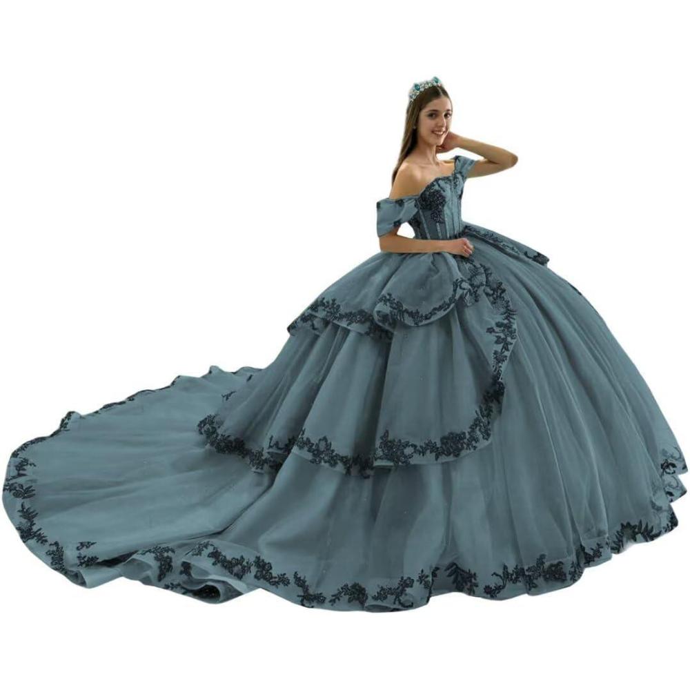imageYoujiayi Layered Tulle Quinceanera Dresses with Train Lace Appliques Sweet 16 Dresses Sparkly Beaded Sequin Long Ball GownDusty Blue