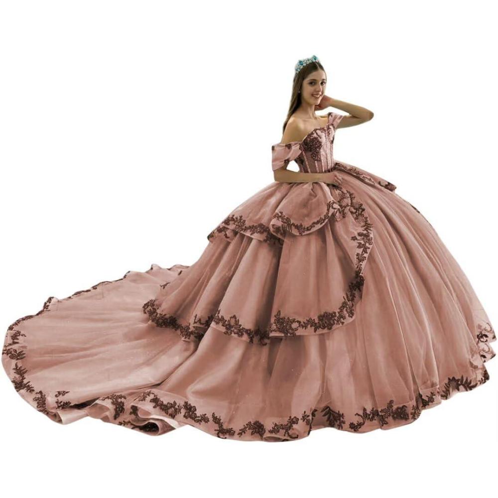imageYoujiayi Layered Tulle Quinceanera Dresses with Train Lace Appliques Sweet 16 Dresses Sparkly Beaded Sequin Long Ball GownDusty Rose