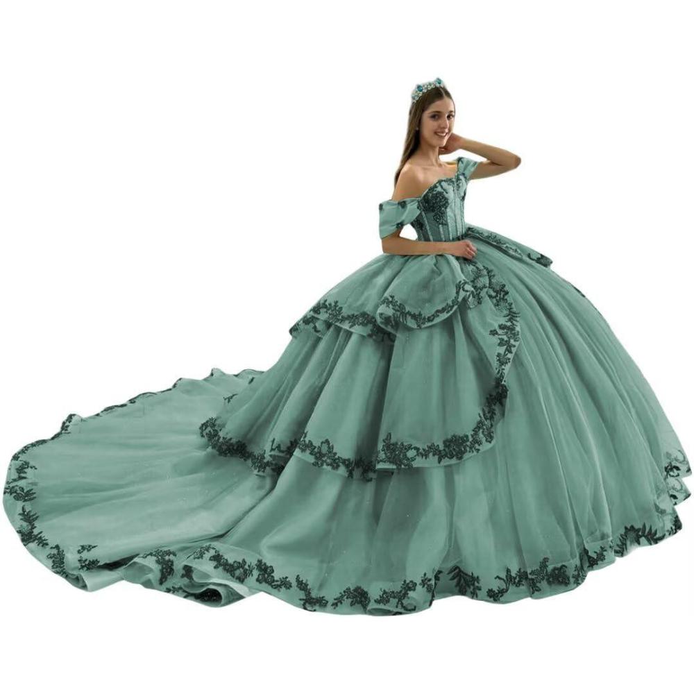 imageYoujiayi Layered Tulle Quinceanera Dresses with Train Lace Appliques Sweet 16 Dresses Sparkly Beaded Sequin Long Ball GownDusty Sage