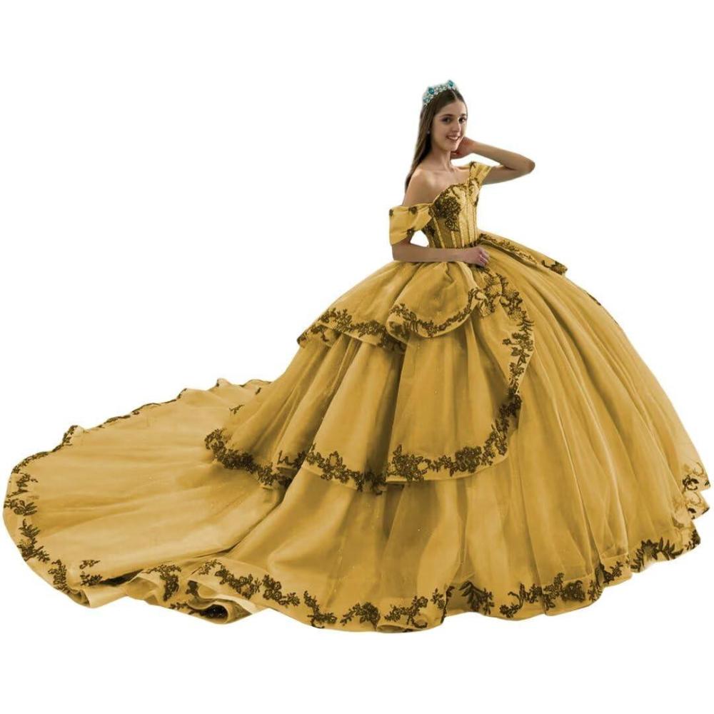 imageYoujiayi Layered Tulle Quinceanera Dresses with Train Lace Appliques Sweet 16 Dresses Sparkly Beaded Sequin Long Ball GownGold