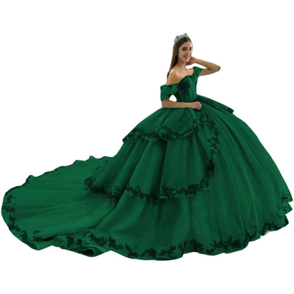imageYoujiayi Layered Tulle Quinceanera Dresses with Train Lace Appliques Sweet 16 Dresses Sparkly Beaded Sequin Long Ball GownGreen