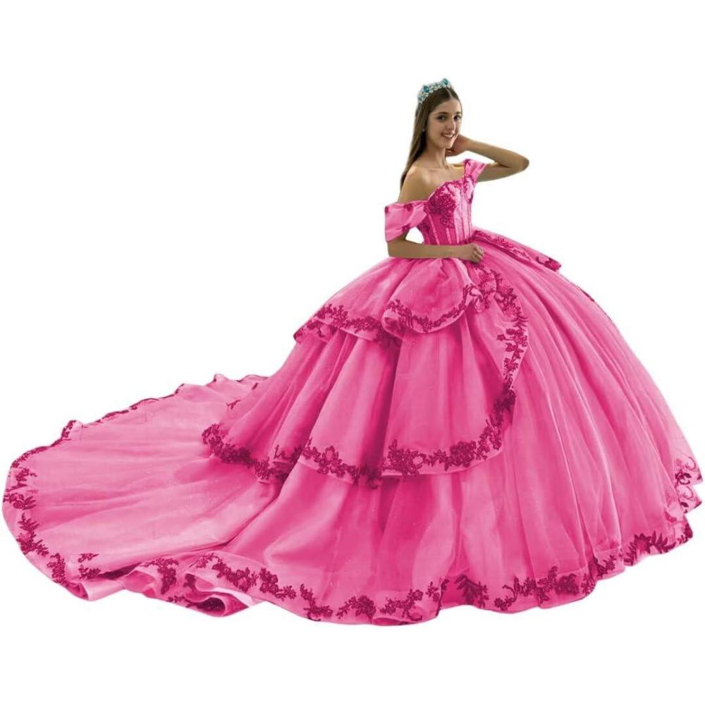 imageYoujiayi Layered Tulle Quinceanera Dresses with Train Lace Appliques Sweet 16 Dresses Sparkly Beaded Sequin Long Ball GownHot Pink