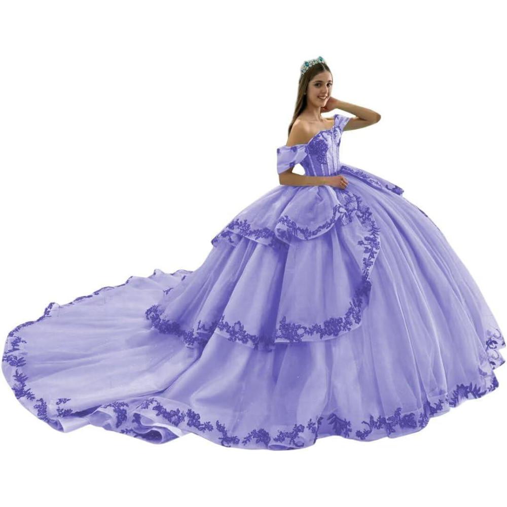 imageYoujiayi Layered Tulle Quinceanera Dresses with Train Lace Appliques Sweet 16 Dresses Sparkly Beaded Sequin Long Ball GownLavender