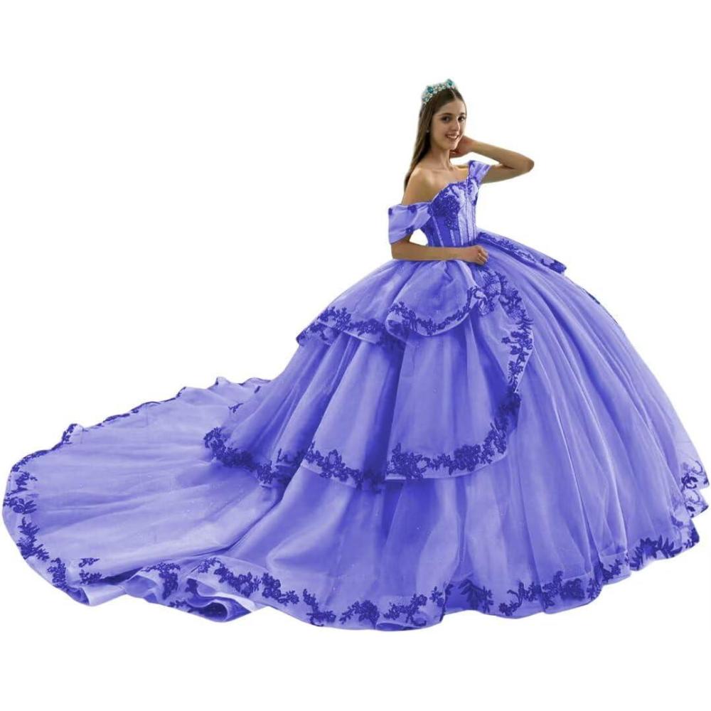 imageYoujiayi Layered Tulle Quinceanera Dresses with Train Lace Appliques Sweet 16 Dresses Sparkly Beaded Sequin Long Ball GownLavender Deep