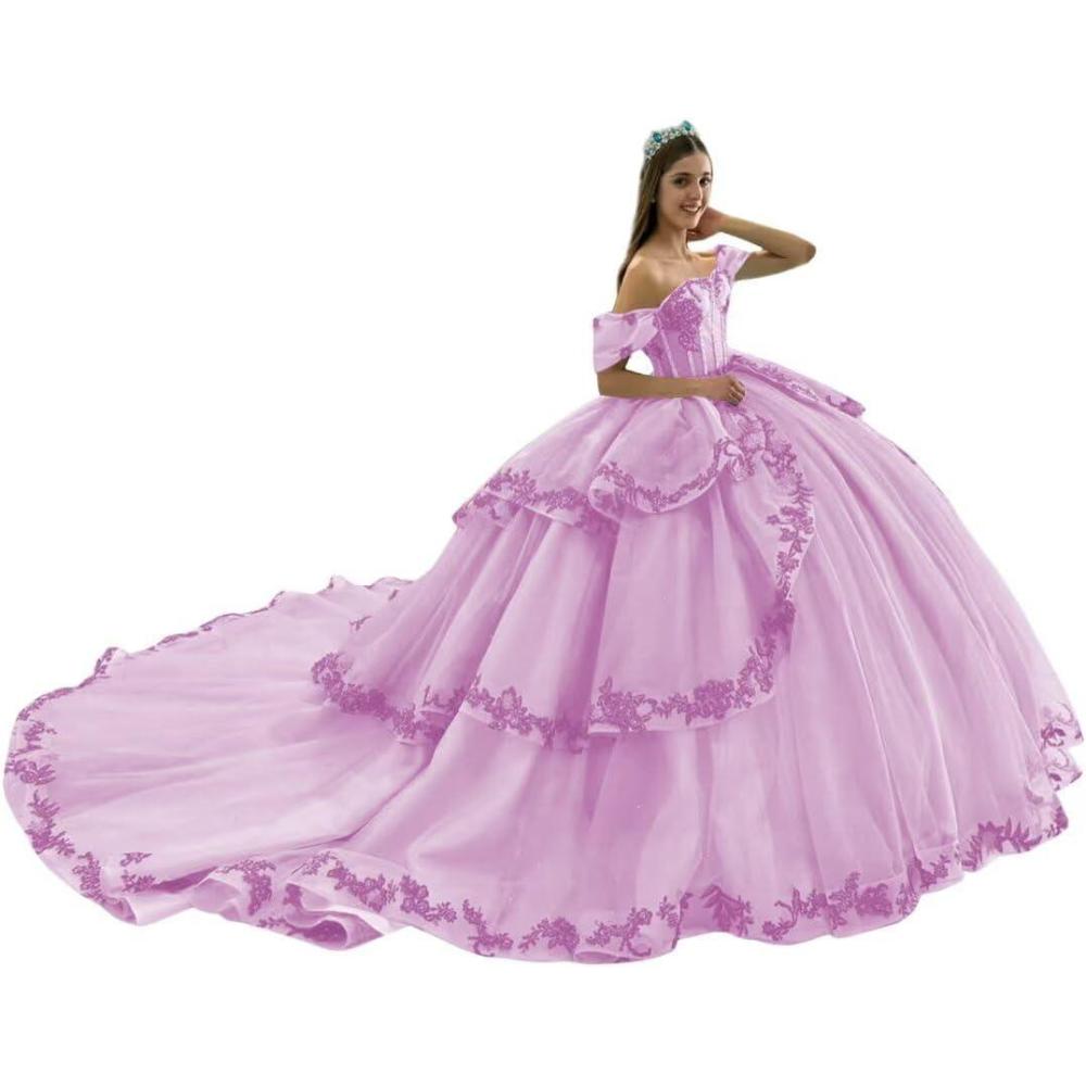 imageYoujiayi Layered Tulle Quinceanera Dresses with Train Lace Appliques Sweet 16 Dresses Sparkly Beaded Sequin Long Ball GownLilac