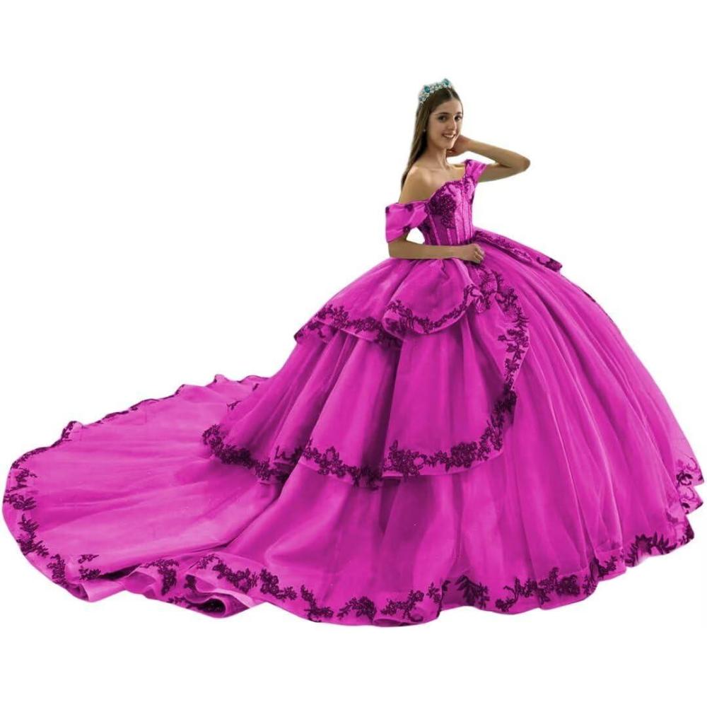 imageYoujiayi Layered Tulle Quinceanera Dresses with Train Lace Appliques Sweet 16 Dresses Sparkly Beaded Sequin Long Ball GownMagenta