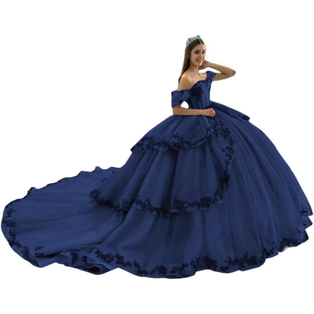 imageYoujiayi Layered Tulle Quinceanera Dresses with Train Lace Appliques Sweet 16 Dresses Sparkly Beaded Sequin Long Ball GownNavy