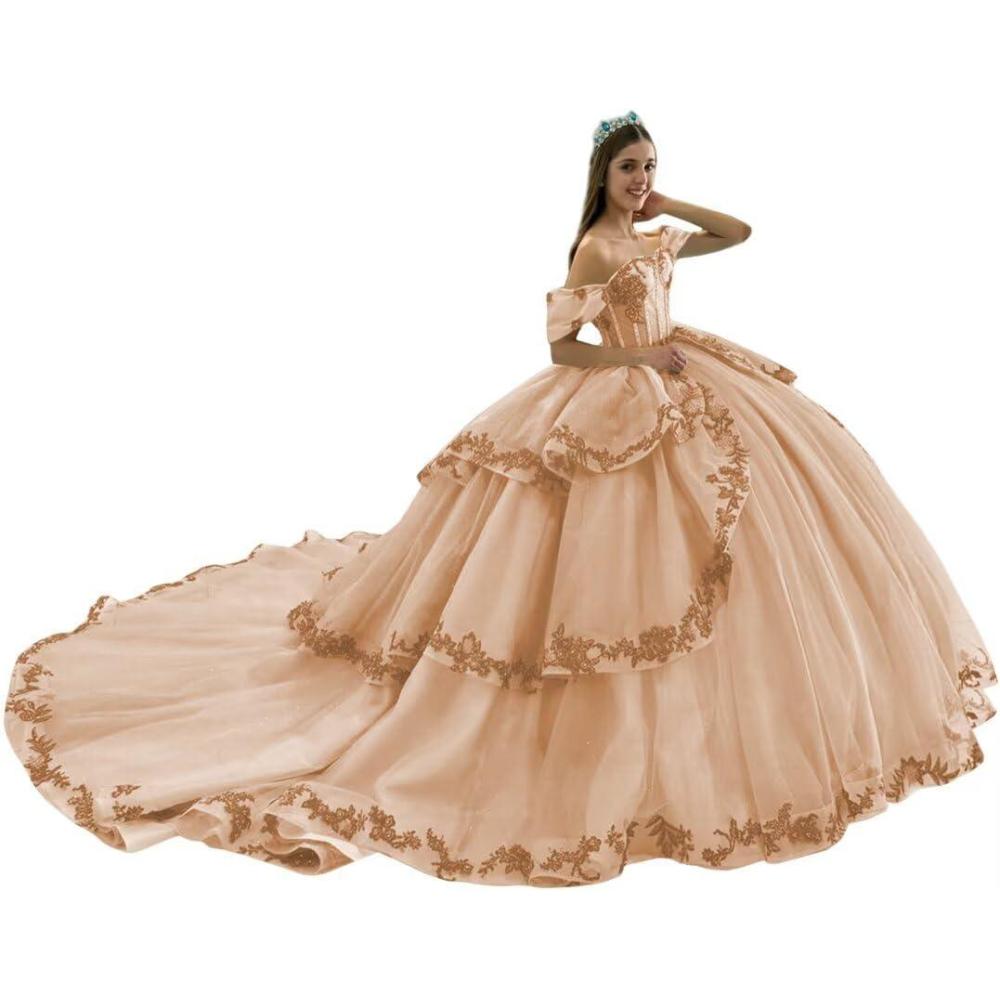 imageYoujiayi Layered Tulle Quinceanera Dresses with Train Lace Appliques Sweet 16 Dresses Sparkly Beaded Sequin Long Ball GownPeach