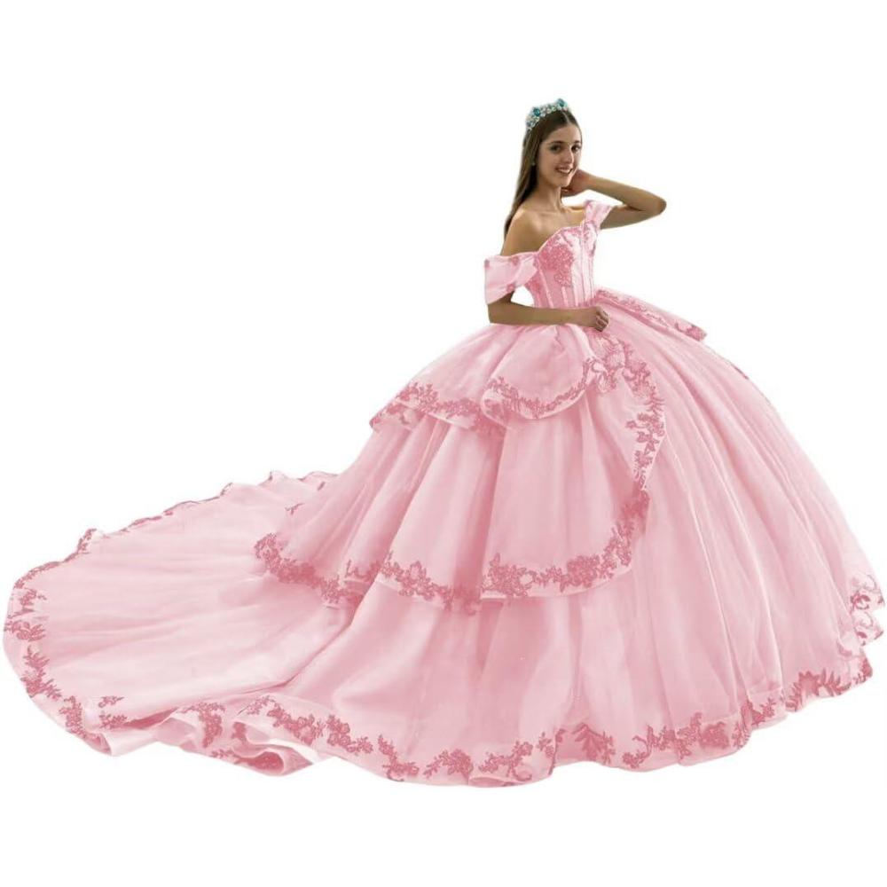 imageYoujiayi Layered Tulle Quinceanera Dresses with Train Lace Appliques Sweet 16 Dresses Sparkly Beaded Sequin Long Ball GownPink