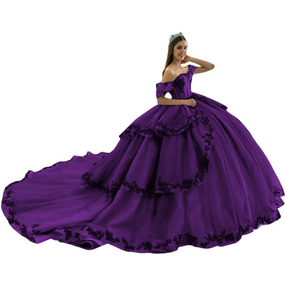 imageYoujiayi Layered Tulle Quinceanera Dresses with Train Lace Appliques Sweet 16 Dresses Sparkly Beaded Sequin Long Ball GownPlum
