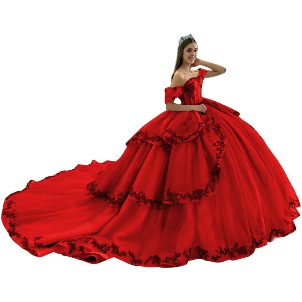 imageYoujiayi Layered Tulle Quinceanera Dresses with Train Lace Appliques Sweet 16 Dresses Sparkly Beaded Sequin Long Ball GownRed