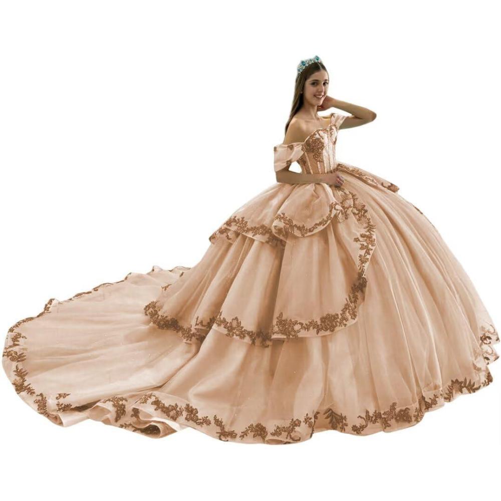 imageYoujiayi Layered Tulle Quinceanera Dresses with Train Lace Appliques Sweet 16 Dresses Sparkly Beaded Sequin Long Ball GownRose Gold