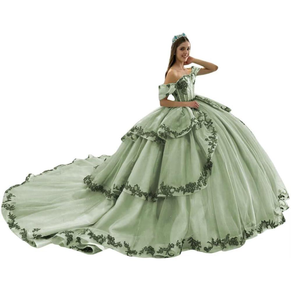 imageYoujiayi Layered Tulle Quinceanera Dresses with Train Lace Appliques Sweet 16 Dresses Sparkly Beaded Sequin Long Ball GownSage