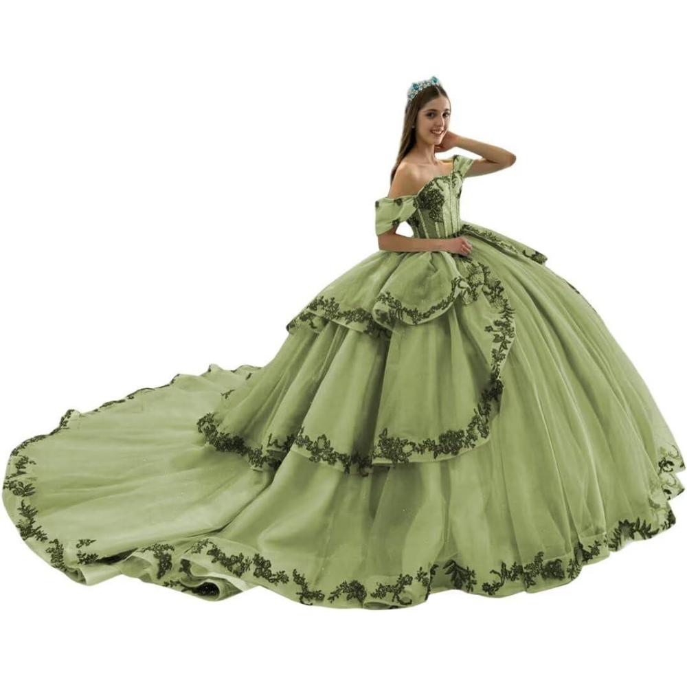 imageYoujiayi Layered Tulle Quinceanera Dresses with Train Lace Appliques Sweet 16 Dresses Sparkly Beaded Sequin Long Ball GownSage Green