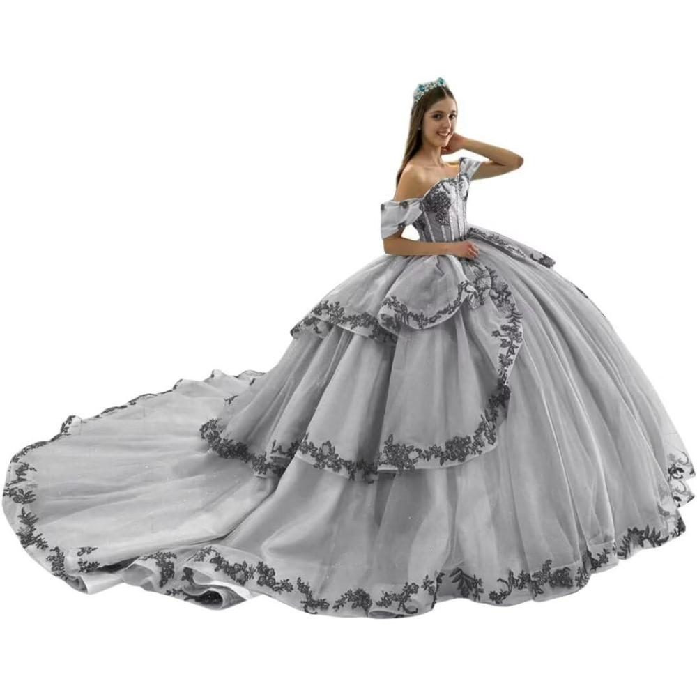 imageYoujiayi Layered Tulle Quinceanera Dresses with Train Lace Appliques Sweet 16 Dresses Sparkly Beaded Sequin Long Ball GownSilver
