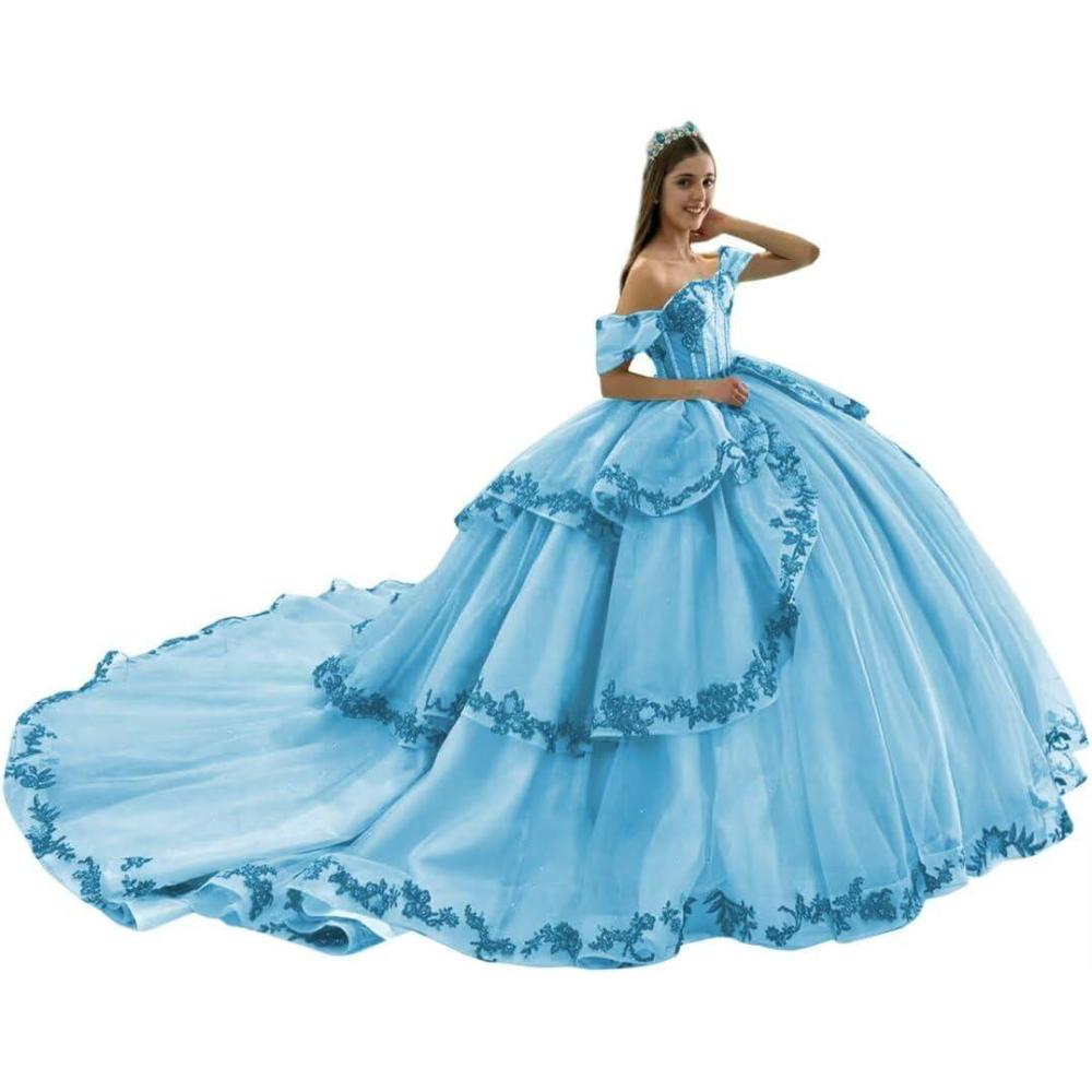 imageYoujiayi Layered Tulle Quinceanera Dresses with Train Lace Appliques Sweet 16 Dresses Sparkly Beaded Sequin Long Ball GownSky Blue