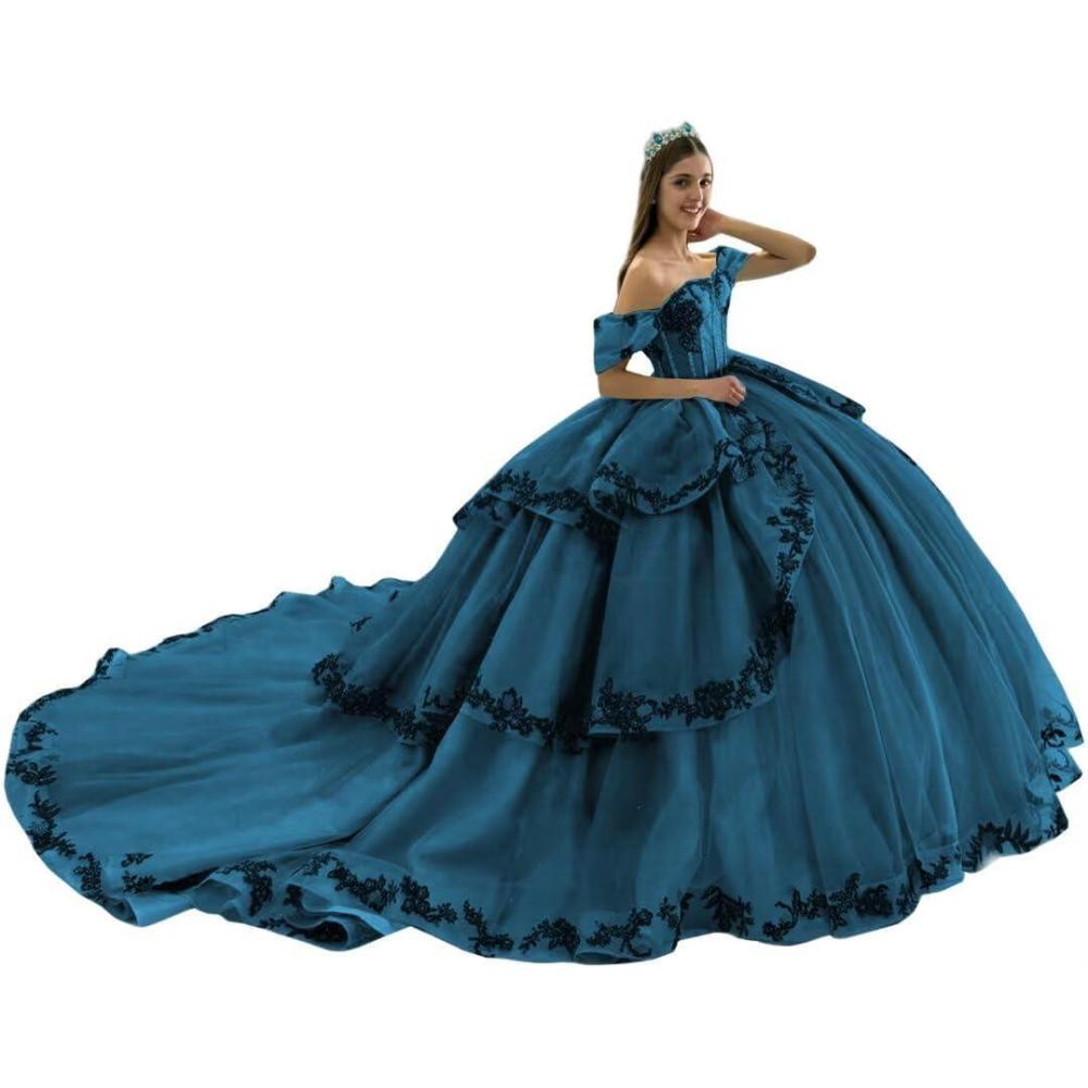 imageYoujiayi Layered Tulle Quinceanera Dresses with Train Lace Appliques Sweet 16 Dresses Sparkly Beaded Sequin Long Ball GownTeal