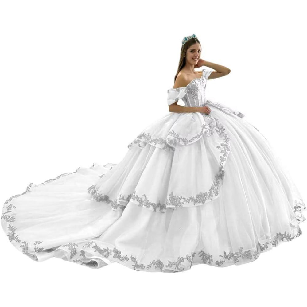 imageYoujiayi Layered Tulle Quinceanera Dresses with Train Lace Appliques Sweet 16 Dresses Sparkly Beaded Sequin Long Ball GownWhite