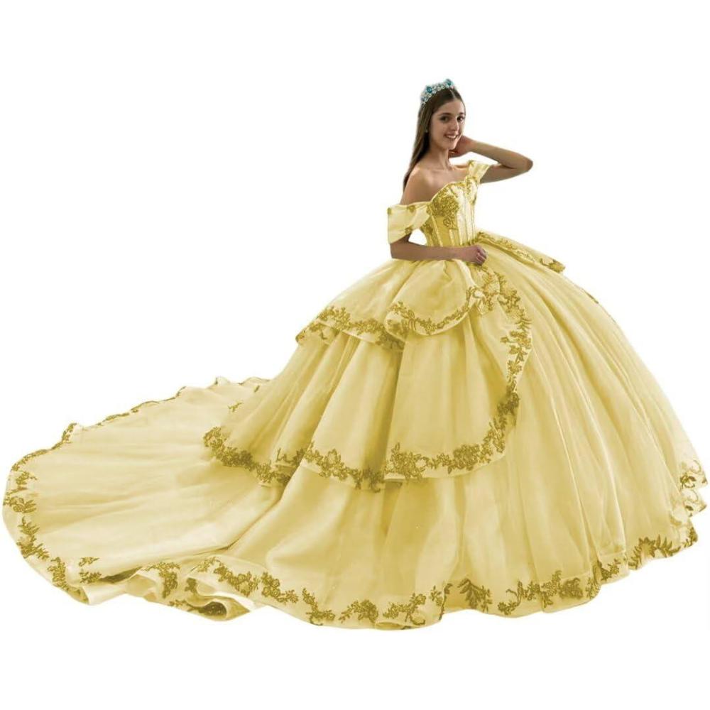 imageYoujiayi Layered Tulle Quinceanera Dresses with Train Lace Appliques Sweet 16 Dresses Sparkly Beaded Sequin Long Ball GownYellow
