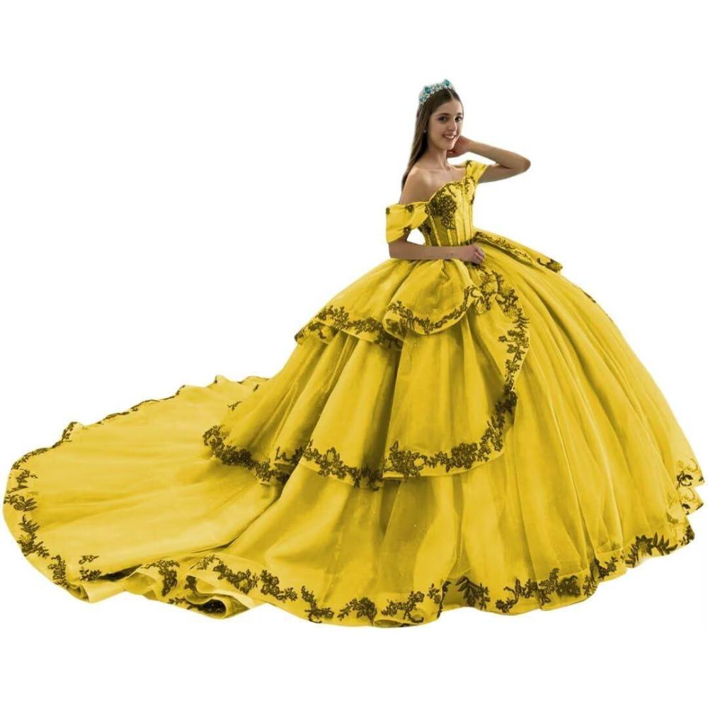 imageYoujiayi Layered Tulle Quinceanera Dresses with Train Lace Appliques Sweet 16 Dresses Sparkly Beaded Sequin Long Ball GownYellow Dark
