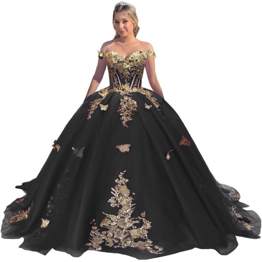 imageYoujiayi Off Shoulder Quinceanera Dresses Puffy Tulle Ball Gowns for Women Gold Appliques Sweet 16 DressesBlack