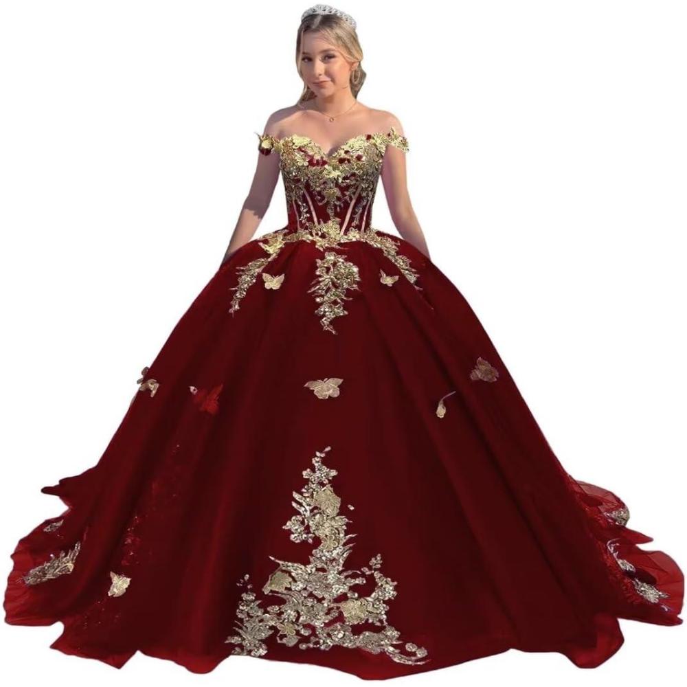 imageYoujiayi Off Shoulder Quinceanera Dresses Puffy Tulle Ball Gowns for Women Gold Appliques Sweet 16 DressesBurgundy Deep