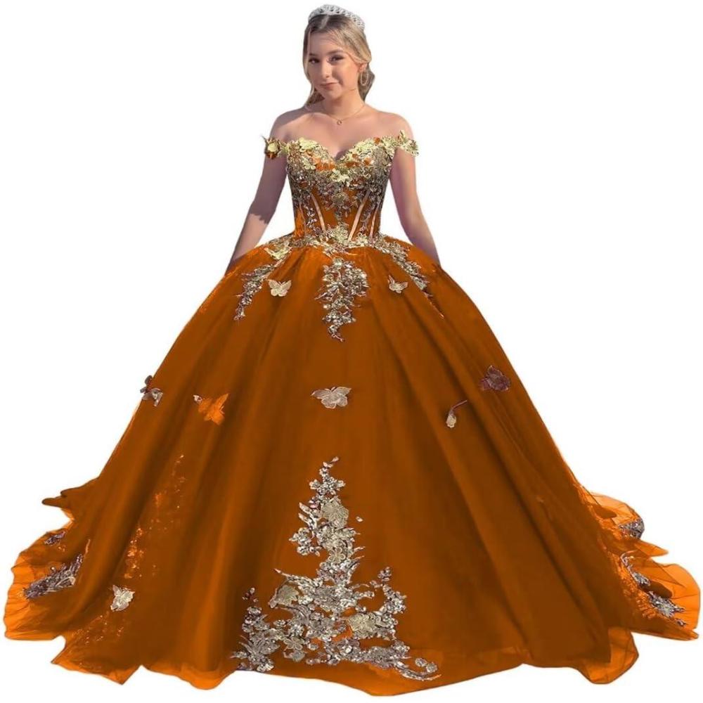imageYoujiayi Off Shoulder Quinceanera Dresses Puffy Tulle Ball Gowns for Women Gold Appliques Sweet 16 DressesBurnt Orange