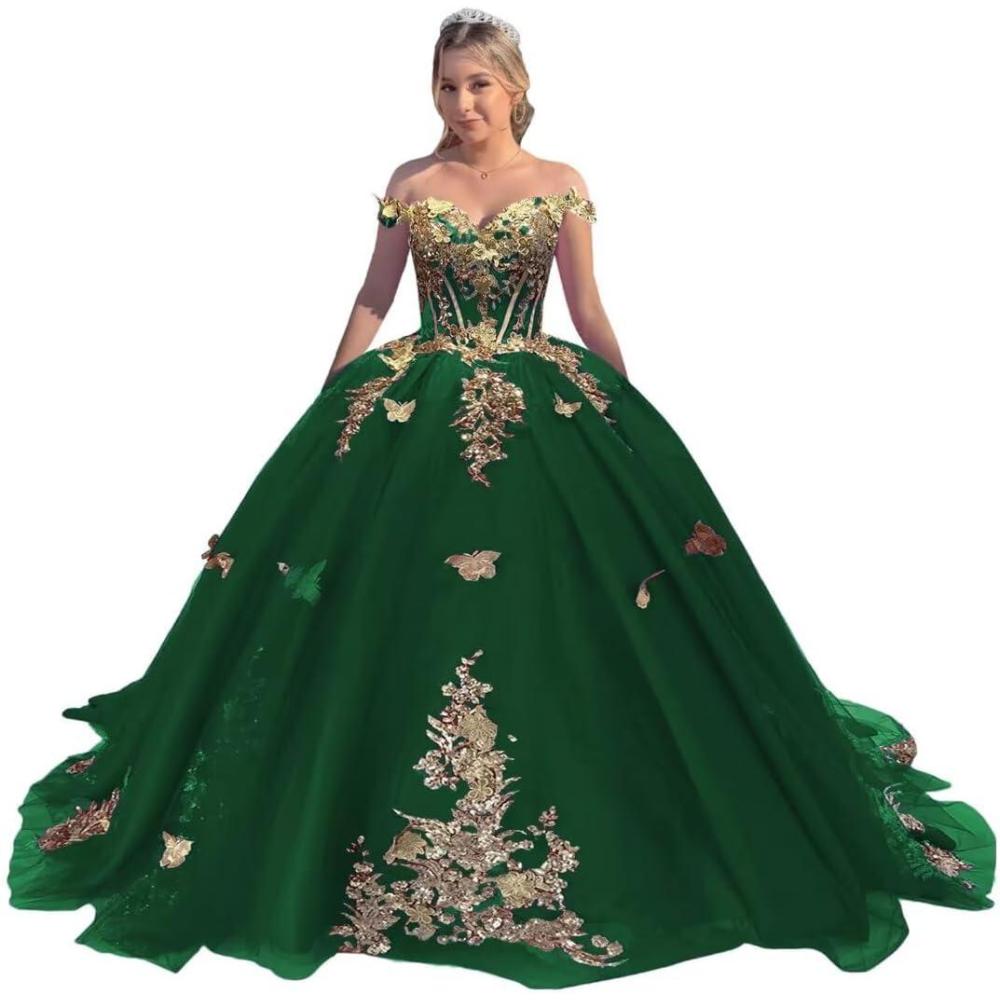 imageYoujiayi Off Shoulder Quinceanera Dresses Puffy Tulle Ball Gowns for Women Gold Appliques Sweet 16 DressesEmerald Green