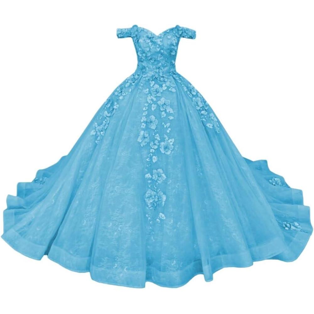 imageYoujiayi Princess Off Shoulder Quinceanera Dresses Puffy Tulle Sweet 16 Dress with Train Lace Beaded Long Ball Gown for WomenBlue