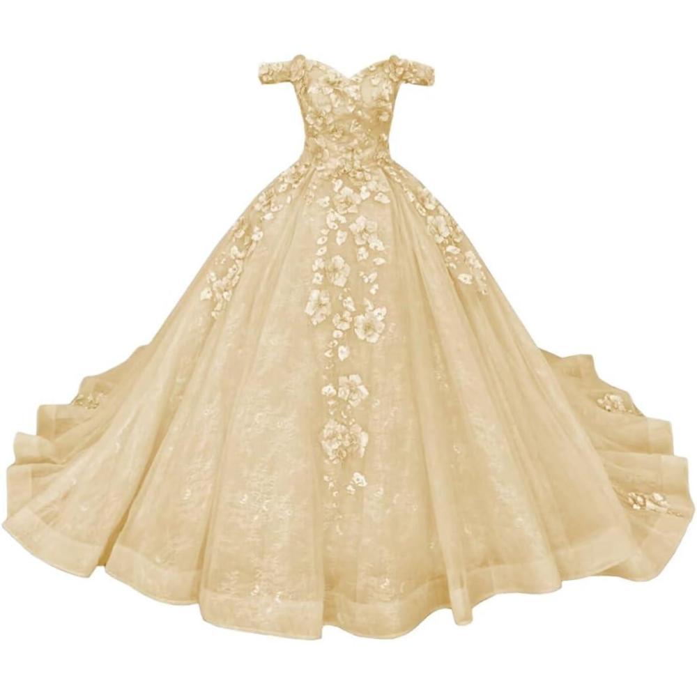 imageYoujiayi Princess Off Shoulder Quinceanera Dresses Puffy Tulle Sweet 16 Dress with Train Lace Beaded Long Ball Gown for WomenChampagne