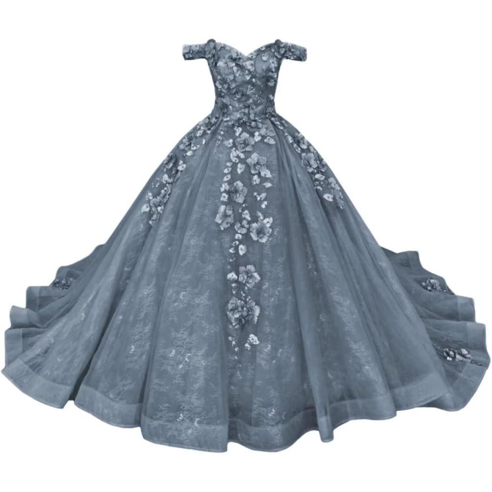 imageYoujiayi Princess Off Shoulder Quinceanera Dresses Puffy Tulle Sweet 16 Dress with Train Lace Beaded Long Ball Gown for WomenDusty Blue