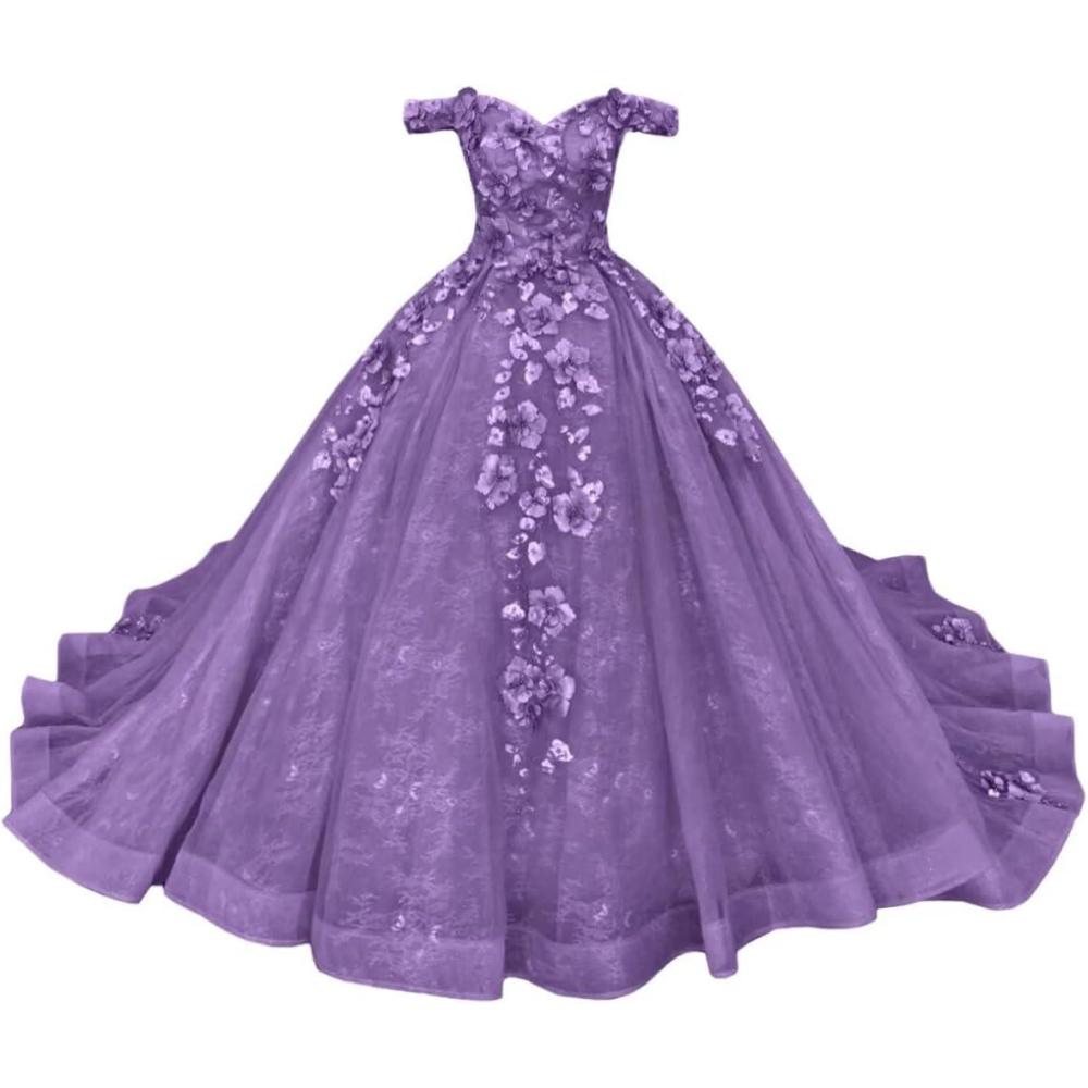 imageYoujiayi Princess Off Shoulder Quinceanera Dresses Puffy Tulle Sweet 16 Dress with Train Lace Beaded Long Ball Gown for WomenDusty Purple