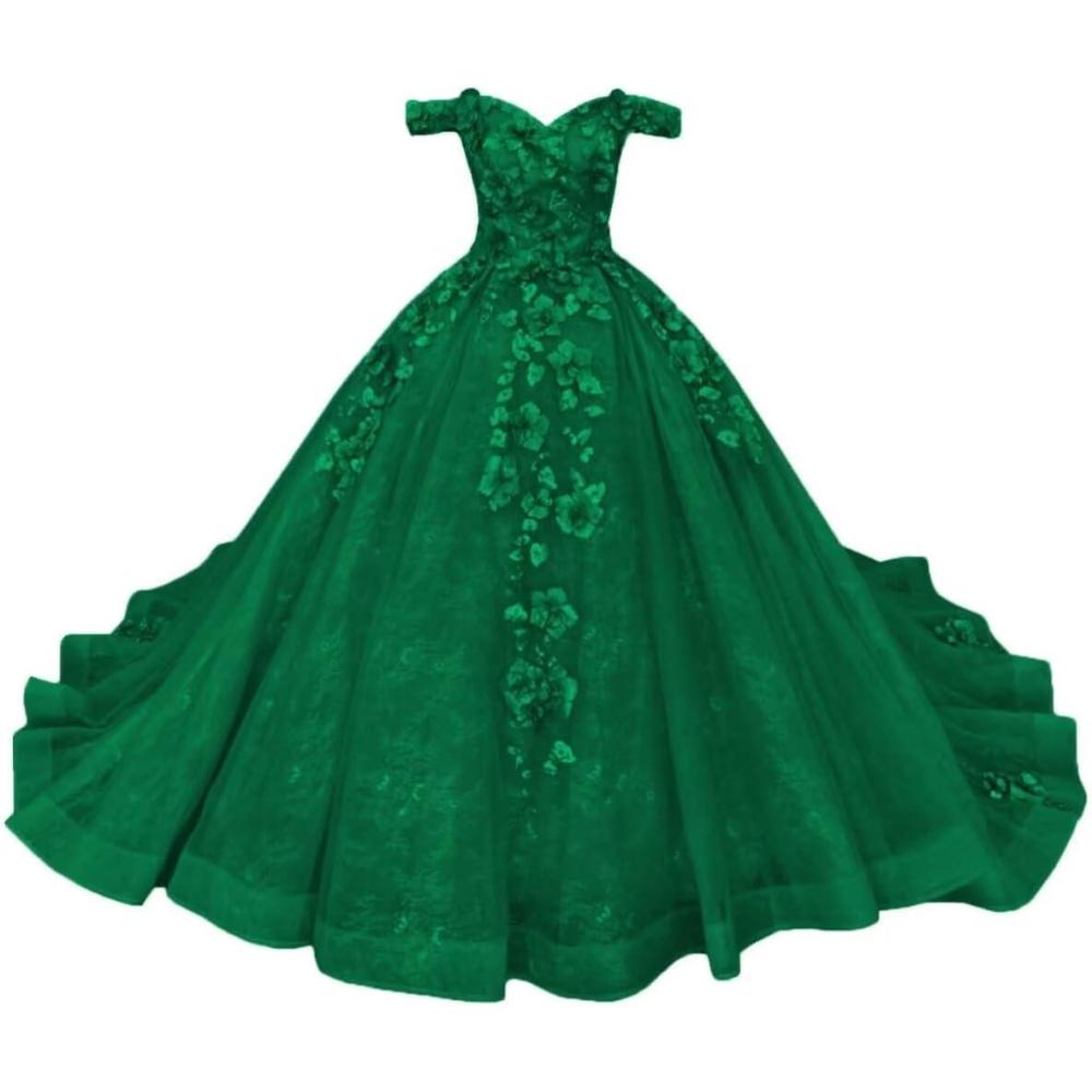 imageYoujiayi Princess Off Shoulder Quinceanera Dresses Puffy Tulle Sweet 16 Dress with Train Lace Beaded Long Ball Gown for WomenEmerald Green