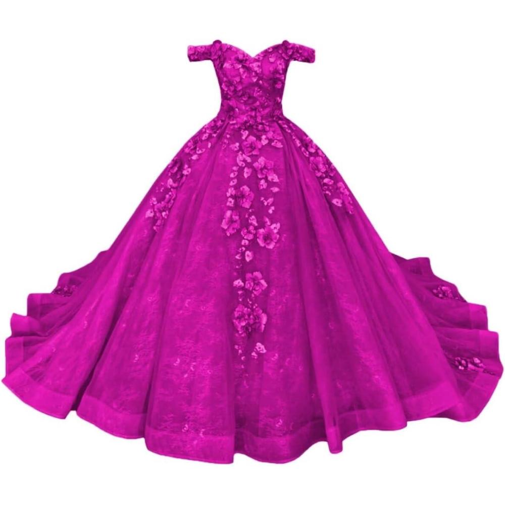 imageYoujiayi Princess Off Shoulder Quinceanera Dresses Puffy Tulle Sweet 16 Dress with Train Lace Beaded Long Ball Gown for WomenFuchsia