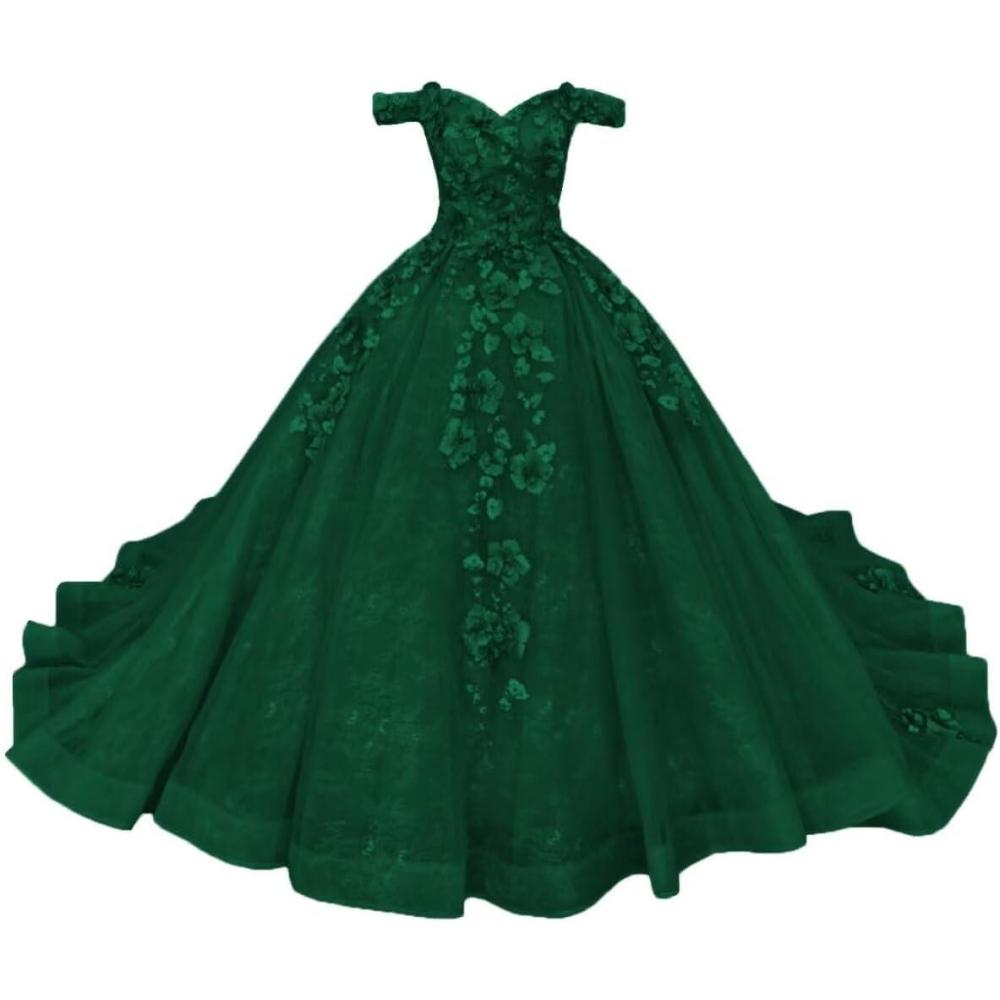 imageYoujiayi Princess Off Shoulder Quinceanera Dresses Puffy Tulle Sweet 16 Dress with Train Lace Beaded Long Ball Gown for WomenGreen