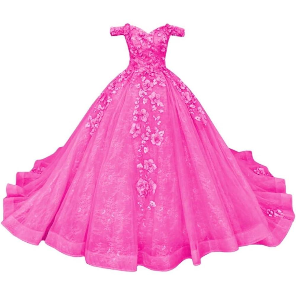 imageYoujiayi Princess Off Shoulder Quinceanera Dresses Puffy Tulle Sweet 16 Dress with Train Lace Beaded Long Ball Gown for WomenHot Pink