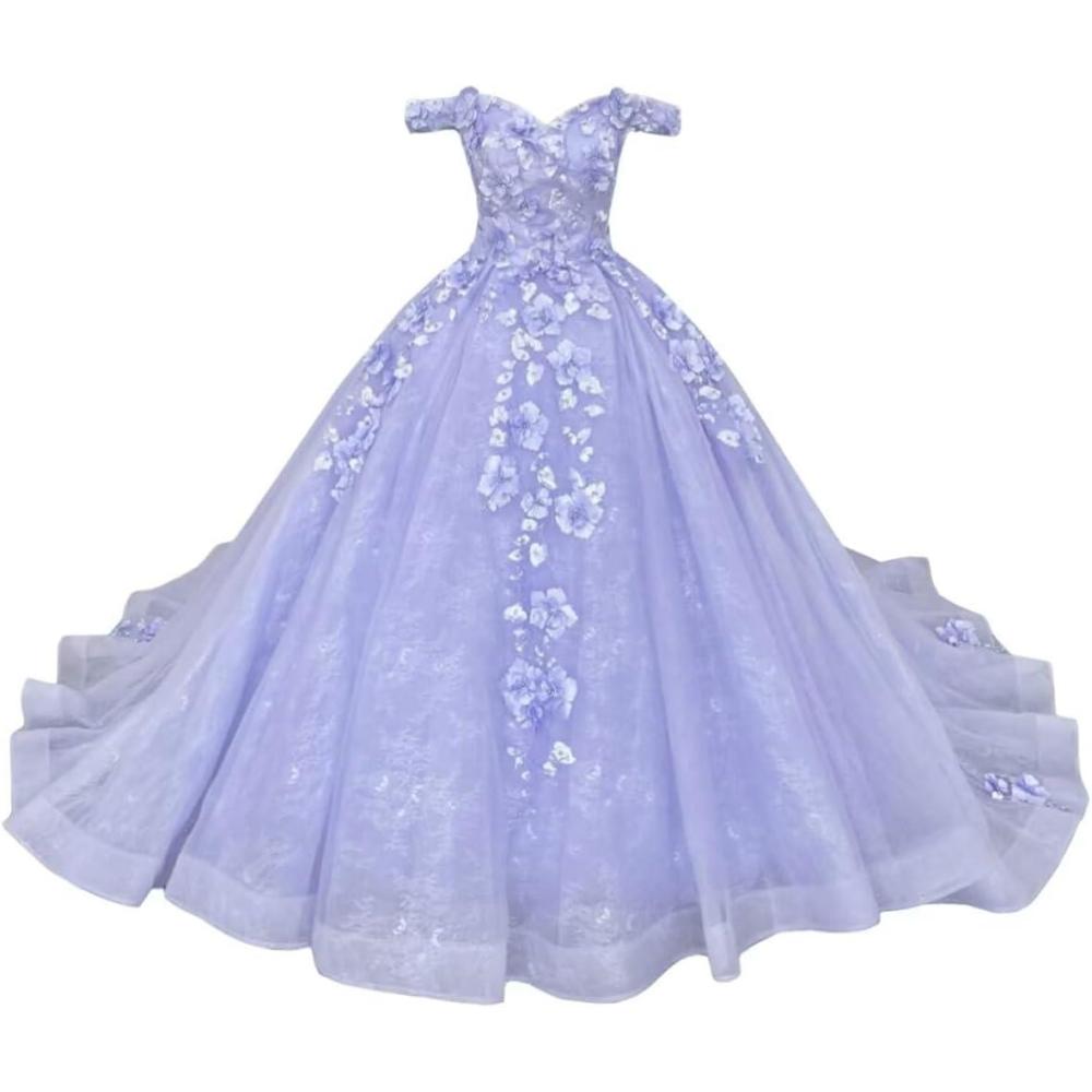 imageYoujiayi Princess Off Shoulder Quinceanera Dresses Puffy Tulle Sweet 16 Dress with Train Lace Beaded Long Ball Gown for WomenLavender