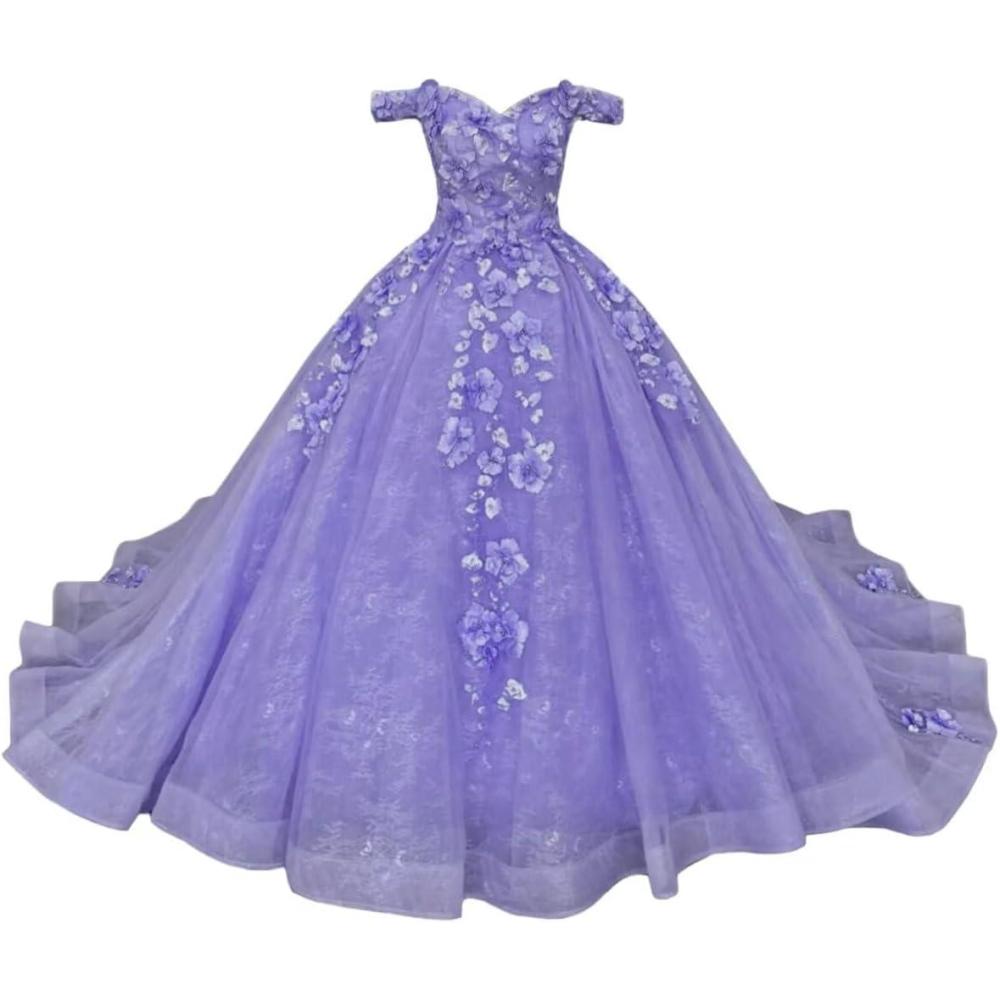 imageYoujiayi Princess Off Shoulder Quinceanera Dresses Puffy Tulle Sweet 16 Dress with Train Lace Beaded Long Ball Gown for WomenLavender Deep