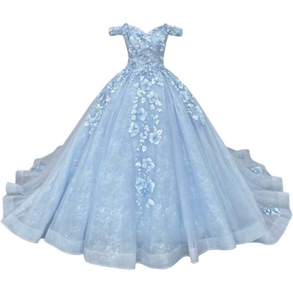 imageYoujiayi Princess Off Shoulder Quinceanera Dresses Puffy Tulle Sweet 16 Dress with Train Lace Beaded Long Ball Gown for WomenLight Blue