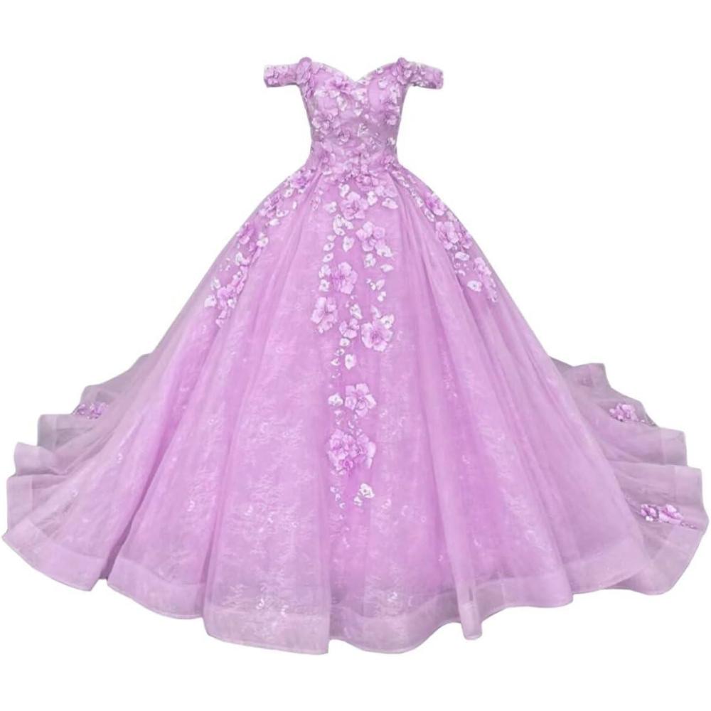imageYoujiayi Princess Off Shoulder Quinceanera Dresses Puffy Tulle Sweet 16 Dress with Train Lace Beaded Long Ball Gown for WomenLilac