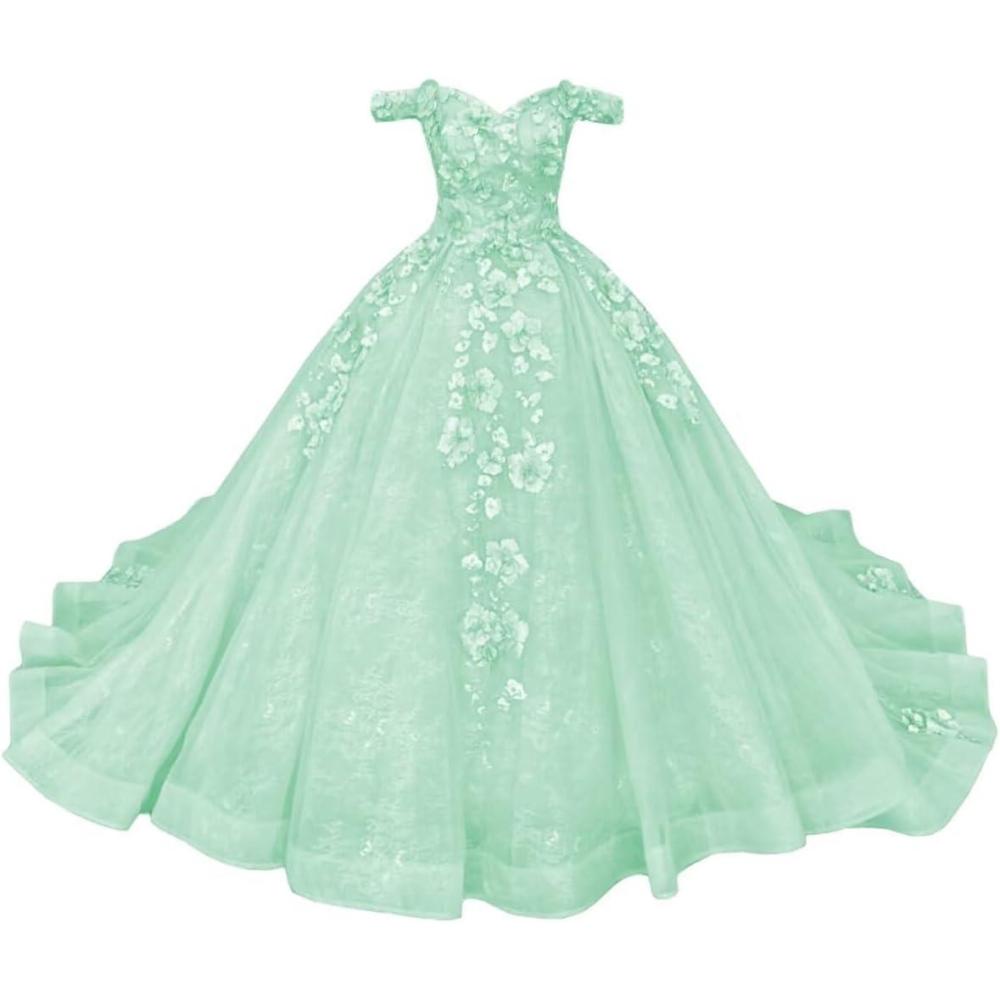 imageYoujiayi Princess Off Shoulder Quinceanera Dresses Puffy Tulle Sweet 16 Dress with Train Lace Beaded Long Ball Gown for WomenMint