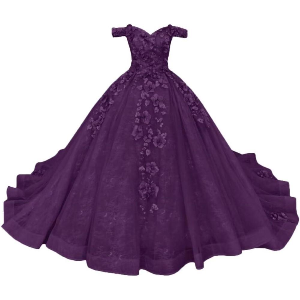imageYoujiayi Princess Off Shoulder Quinceanera Dresses Puffy Tulle Sweet 16 Dress with Train Lace Beaded Long Ball Gown for WomenPlum