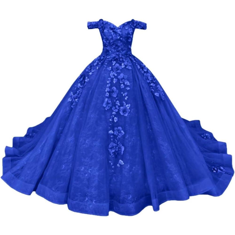 imageYoujiayi Princess Off Shoulder Quinceanera Dresses Puffy Tulle Sweet 16 Dress with Train Lace Beaded Long Ball Gown for WomenRoyal Blue
