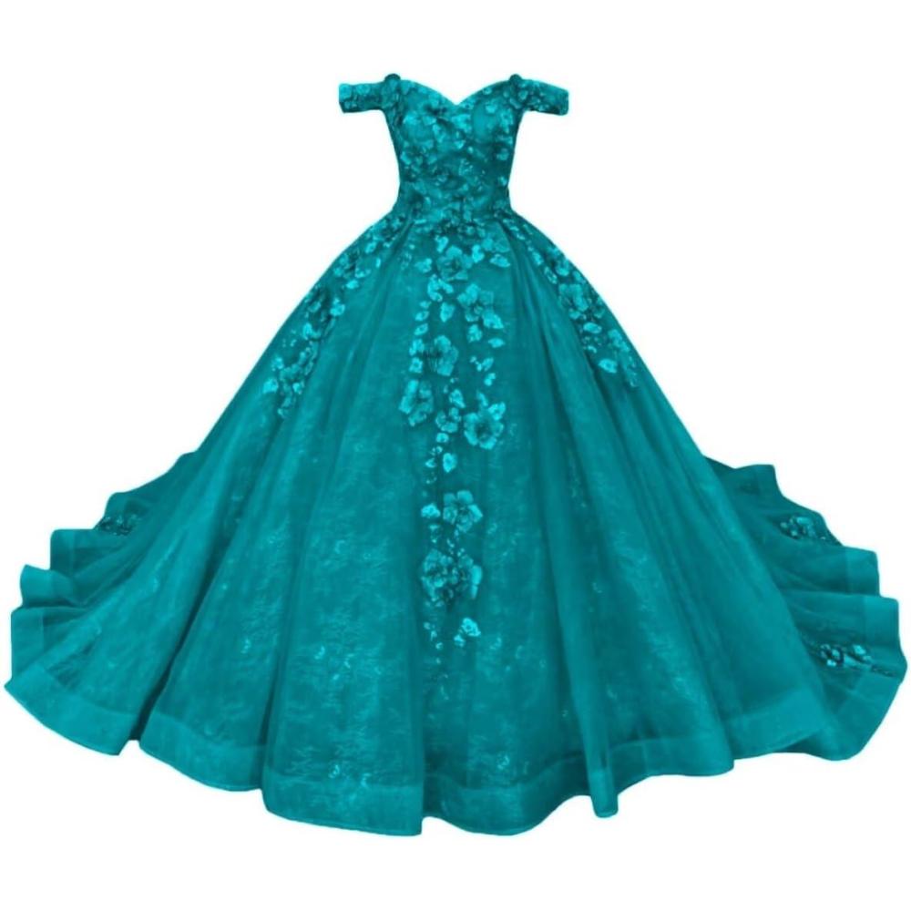 imageYoujiayi Princess Off Shoulder Quinceanera Dresses Puffy Tulle Sweet 16 Dress with Train Lace Beaded Long Ball Gown for WomenTurquoise